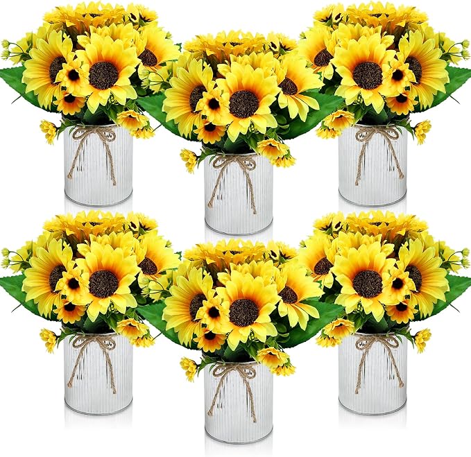 Artificial Sunflower Table Centerpieces - Set of 6 Faux Spring Summer Sunflowers Arrangements with Rustic Metal Vase for Kitchen Office Bathroom Home Farmhouse Wedding Party Decorations