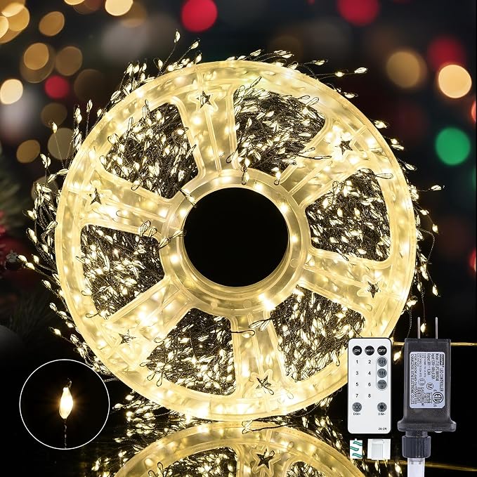 Dailyart Fairy Lights Plug in, 2000 Led Twinkle String Light with Remote 130Ft Waterproof 8 Modes Warm Cluster Lights with Timer for Bedroom Wreath Window Wedding Christmas Tree Decoration,Black Wire