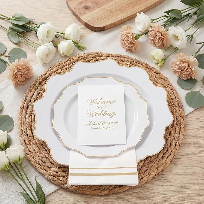 WDF 175Pcs Gold Plates Disposable - White and Gold Plastic Plates 25guest Plastic Dinnerware Ideal for Party/Wedding/First Communion/Spring