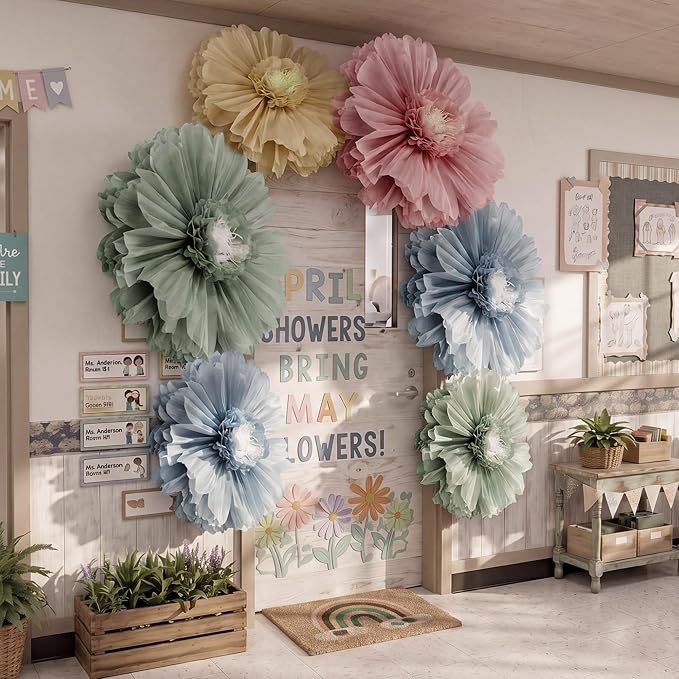 Giegxin 6 Pcs 31.5", 24" Boho Giant Paper Flower Morandi Back to School Bulletin Board Decoration Large Green Blue Classroom Tissue Flower for Wall DIY Nursery Photo Backdrop First Day of School Party