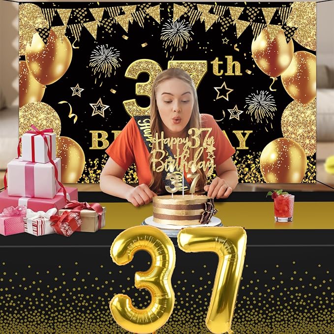 37th Birthday Decorations Men Women with 37th Birthday Banner, Black and Gold Table Cloth, Number Balloons, Large Sash, Cake Topper and Candles