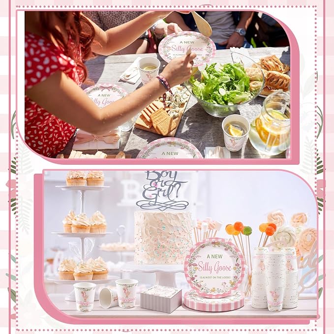 Hushee 200 Pcs a New Silly Goose Baby Shower Paper Plates Cups Napkins Funny Goose Birthday Party Favors Set Serves 50 Guests Disposable Pink Tableware Set for Gender Reveal Party Supplies