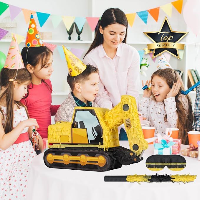Excavator Pinatas Bundle with a Blindfold and Bat (16.5x11x4.7 inch), Pinata for Construction Theme Birthday Parties, Boys Birthday Party Supplies, Decoration