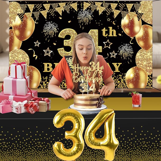 34th Birthday Decorations Men Women with 34th Birthday Banner, Black and Gold Table Cloth, Number Balloons, Large Sash, Cake Topper and Candles