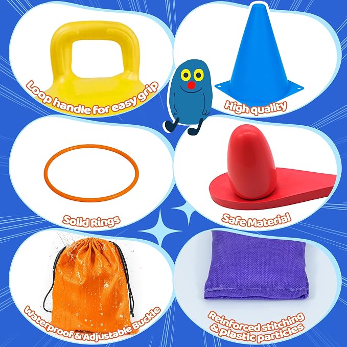 JOY SPOT! Carnival Outdoor Games Combo Set for Kids, 18 Inch Hopper Balls with Handles, Ring Toss, Bean Bags, Egg Spoon Relay Race, Fun for Backyard, Field Day, School, Birthday Parties, Family Events