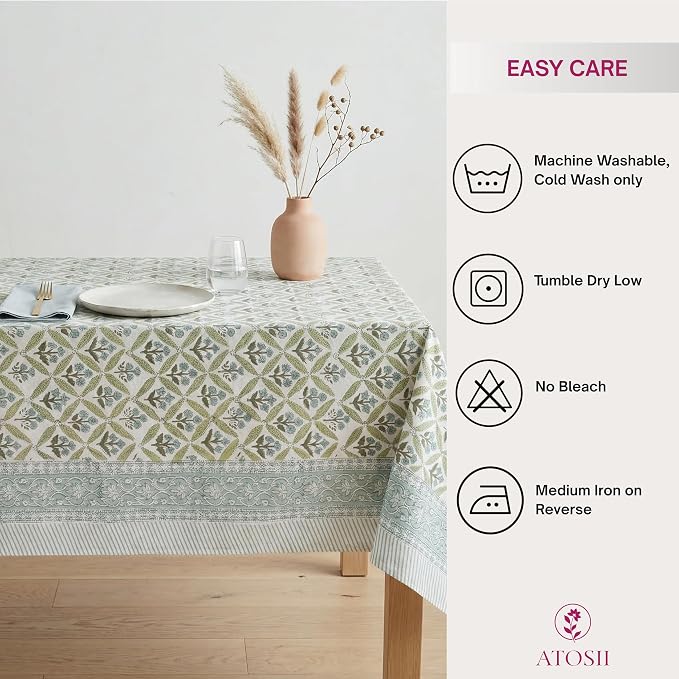 ATOSII Netta Green 100% Cotton Rectangle Spring Summer Tablecloth, Handblock Floral Print Linen Table Cloth for Kitchen Dining I Parties, Weddings, Outdoors, Easter Decor 60 X 90 Inches, 6 Seater