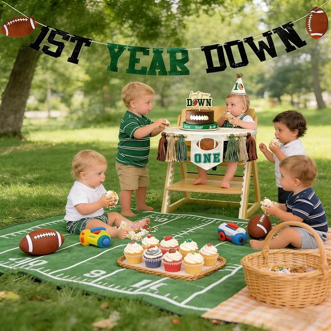 First Year Down Birthday Party Decorations-Felt First Year Down Highchair Banner, Football Themed 1st Birthday High Chair Banner, Cake Topper, Party Hat for Football 1st Birthday Party Supplies