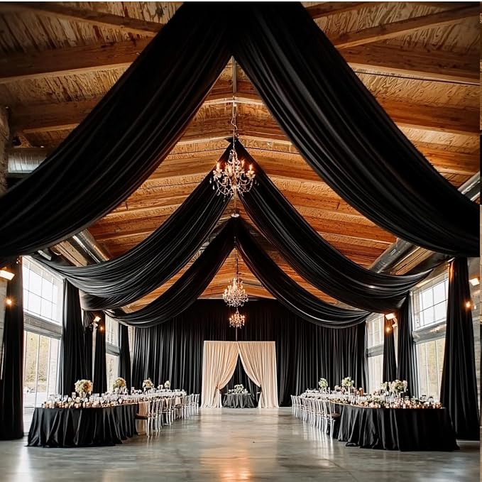 Outpain 50ftx20ft Black Backdrop Ceiling Drapes,10Panels 20ft Height Wrinkle Free Tent Draping Curtains, Fabric Drapery Ceiling Drapes for Wedding Ceremony Birthday Theme Parties with Rod Pocket