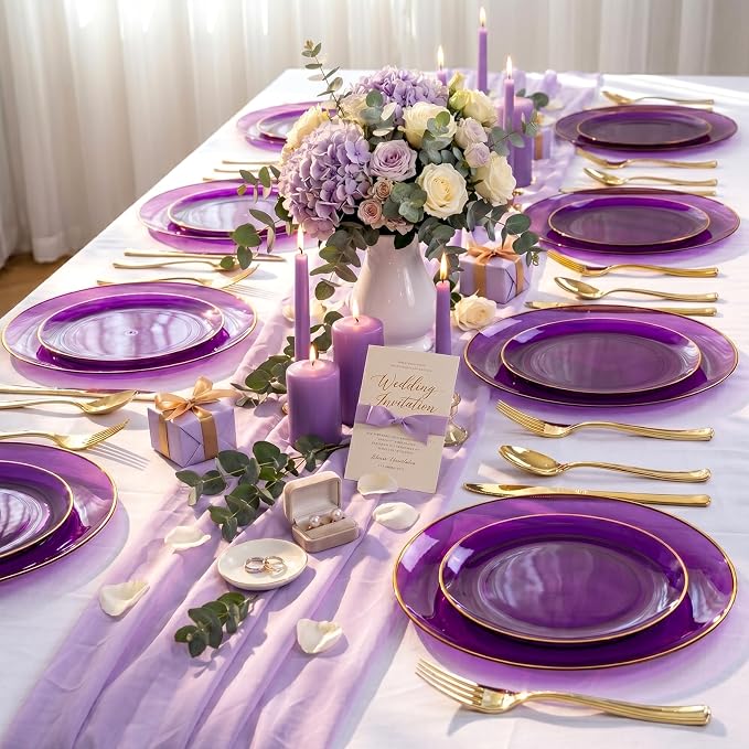 YOUBET 125PCS Purple Plastic Plates - Purple Disposable Plates With Gold Rim - Include 50 Dinner & Dessert Plate, 75 Gold Cutlery Perfect for Wedding Parties & Party