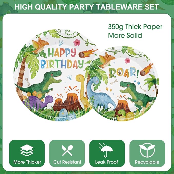 170 Pcs Dinosaur Birthday Decorations - Jungle Dino Party Supplies Sets, Includes Happy Birthday Dinner Plates Napkins, Flatware, Banners and Cups for Dinosaur Party Decorations Favors, Serves 24
