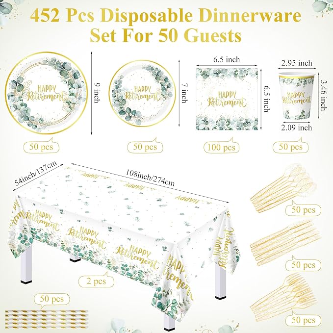 Potchen 452 Pcs Party Supplies Serve 50 Guests, Paper Plates Napkins Cups Cutlery Plastic Tablecloth Dinnerware for Birthday Wedding Party Decoration (Sage Green Gold, Retirement)