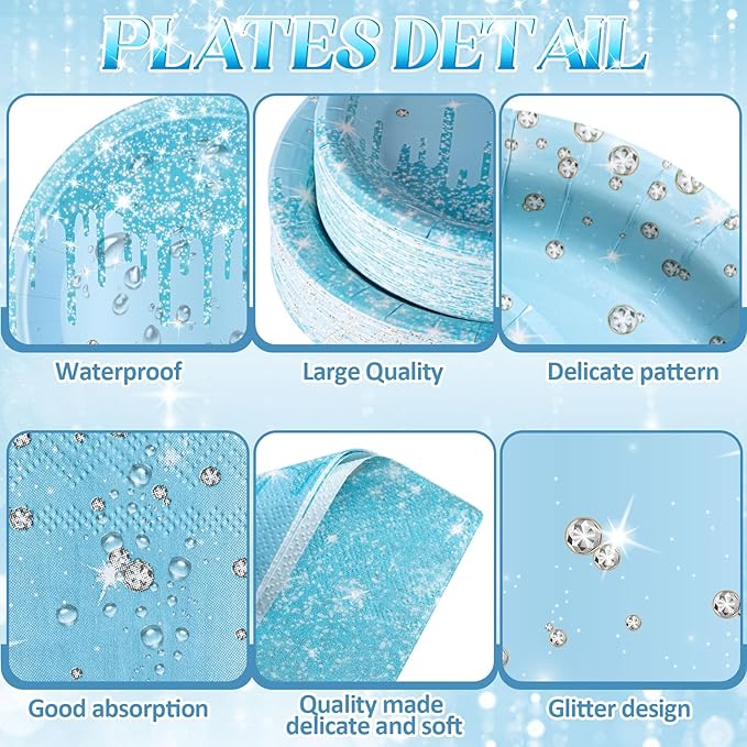 Funnymoom 452 Pcs Light Blue Party Decoration Include Glitter Baby Blue Paper Plates Napkins Cups Tablecloth Cutlery Straws Tableware for Baby Shower Birthday Wedding Graduation Party Supplies