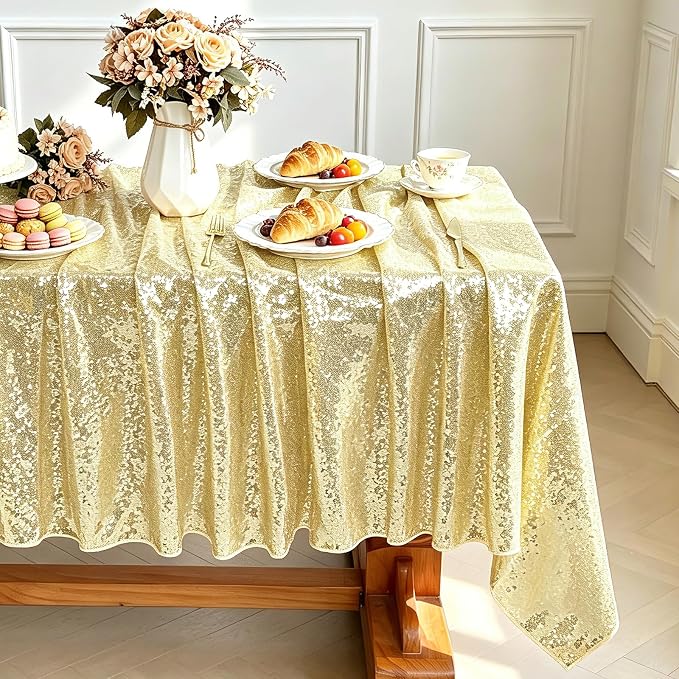 MoKoHouse Light Gold Tablecloth Rectangle 60" x 102" Glitter Table Cloth Sequin Fabric for Halloween Party Wedding Ceremony Cake Dessert Table Decorations