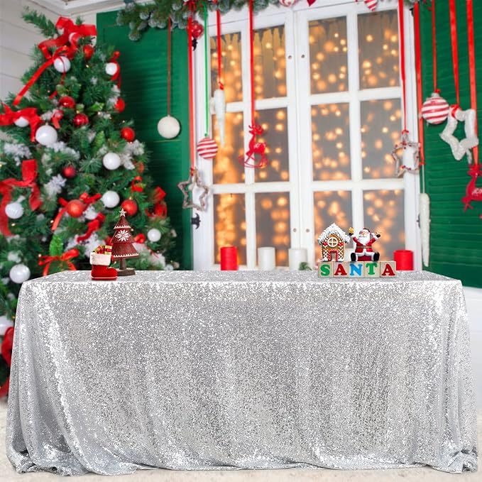 B-COOL 60x102 Inch Silver Tablecloth Christmas Rectangle Silver Sequin Tablecloth Sequin Table Linens Glitter Tablecloth Wedding Sequin Tablecloth for Xmas Halloween