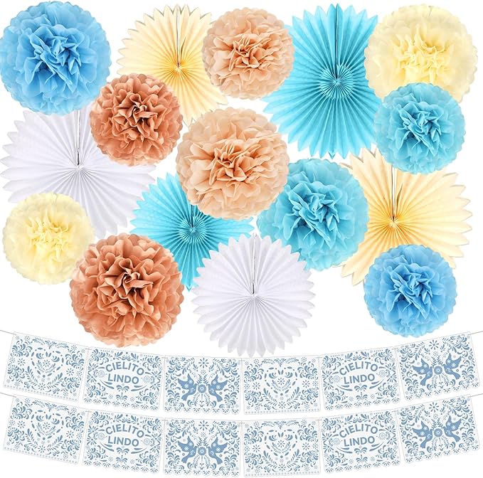 18 Pcs Cielito Lindo Party Decoration Cielito Lindo Decorations Hanging Paper Fans Pom Poms and Paper Banner for Bridal Shower, Fiesta, Engagement, Mexican Baby Shower(Blue)