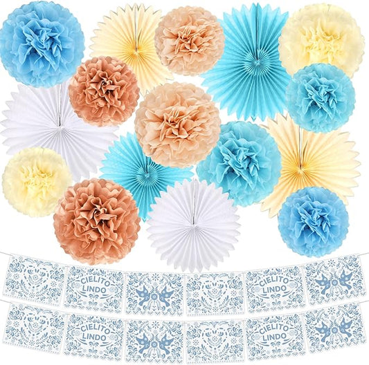 18 Pcs Cielito Lindo Party Decoration Cielito Lindo Decorations Hanging Paper Fans Pom Poms and Paper Banner for Bridal Shower, Fiesta, Engagement, Mexican Baby Shower(Blue)
