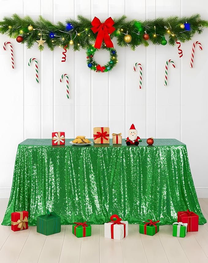 Eternal Beauty Green Tablecloth, 90x156 Inch Sequin Rectangle Glitter Table Cover for Cake Dessert Exhibition Party Birthday Events