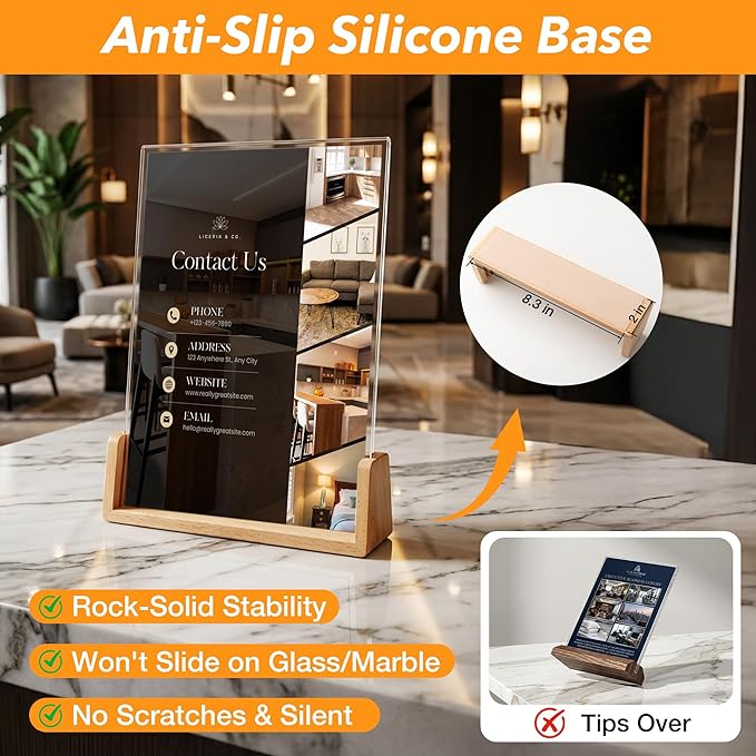 U-Shaped Acrylic Sign Holder 8.5 x 11 with Wood Base, Clear Double-Sided Flyer Stands for Display Menu, Flyer, Poster, Certificate, Photo, Restaurant, Office, and Home (1pk)