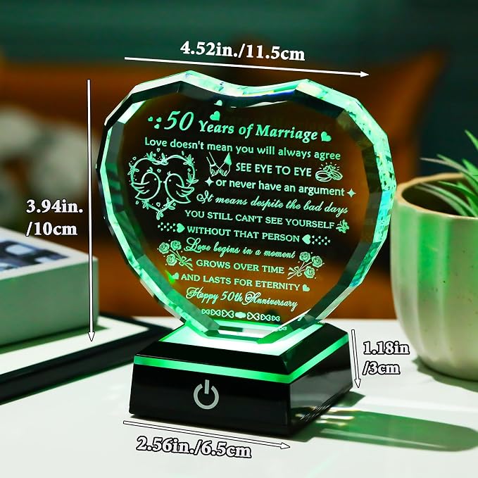 Arikyrist 50th Wedding Anniversary Crystal Gifts for Couple Parents, Laser Engraved 50 Years Anniversary Heart Keepsake Gifts for Wife Husband, Romantic 50 Year of Marriage Gift for Him Her Friends