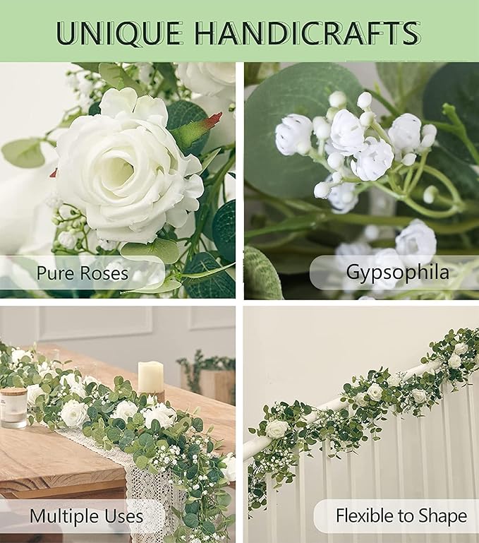 Anna's Whimsy 2PCS 5.91FT Artificial Eucalyptus Garland with Flowers, Fake Rose Gypsophila Garland, Faux Floral Greenery Garlands for Wedding Spring Home Party Table Runner Decor（White）