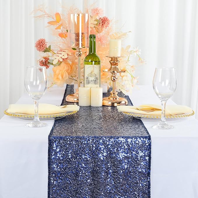 ShinyBeauty Navy Blue Table Runner 108 Inches Long, Sequin Table Runners 20 Packs of 12"X108" Blue Runners for Tables,Glitter Table Runner for Outdoor Party,Dining Decor