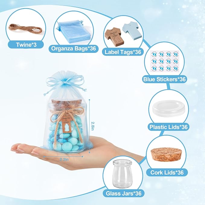 36 Pcs Baby Shower Party Favors for Guests, Baby Shower Gifts for Guest, 3.4 oz Small Glass Mason Jars with Cork Lids, Stickers, Label Tags, Twine, Organza Bags, Mini Candy Jar Favors for Boy
