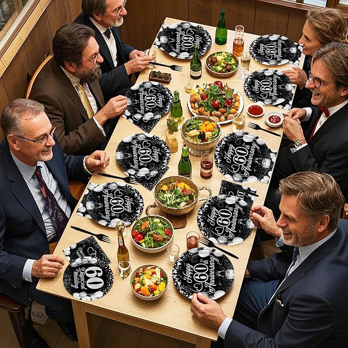 96Pcs Anniversary Decorations 60th Wedding Anniversary Party Plates Disposable Black Silver 60th Matrimony Celebration Paper Tableware Set for Women Men 60 Years of Love Party, Serves 24