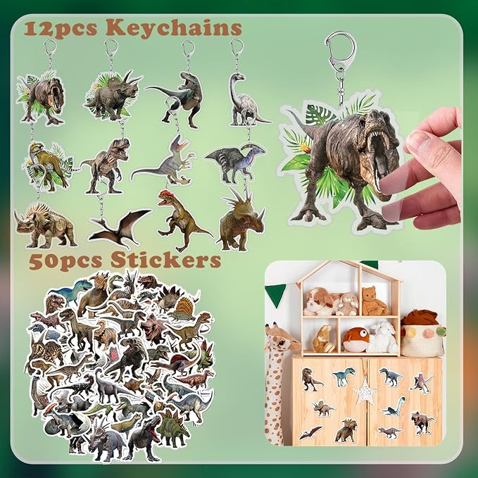122 PCS Realistic Dinosaur Party Favors, Forest Dinosaur Birthday Decorations, Prehistoric Dinosaur Notebook, Slap Bracelets, Dinosaur Stickers, Paper Headbands, Badge, Keychains, Dinosaur Tattoos