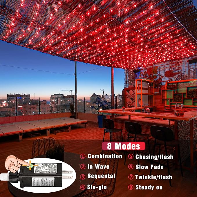 Vivideal 100 LED Red Christmas Lights Outdoor, 33ft Red String Lights 8 Modes Clear Wire, Connectable Waterproof Plug in Led Light for Bedroom Indoor Outdoor Christmas Decorations