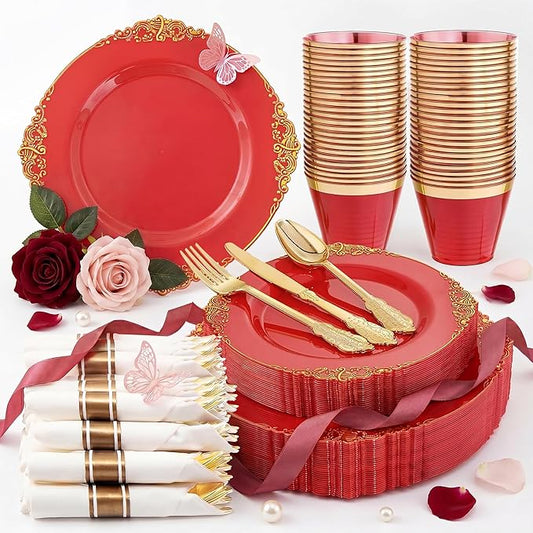 Nervure 175PCS Red Plastic Plates - Disposable Red Gold Party Plates & Pre Rolled Napkins with Cutlery for 25 Guests, 50Plates, 75Silverware, 25Cups, 25Napkin for Wedding & Party & Mothers Day