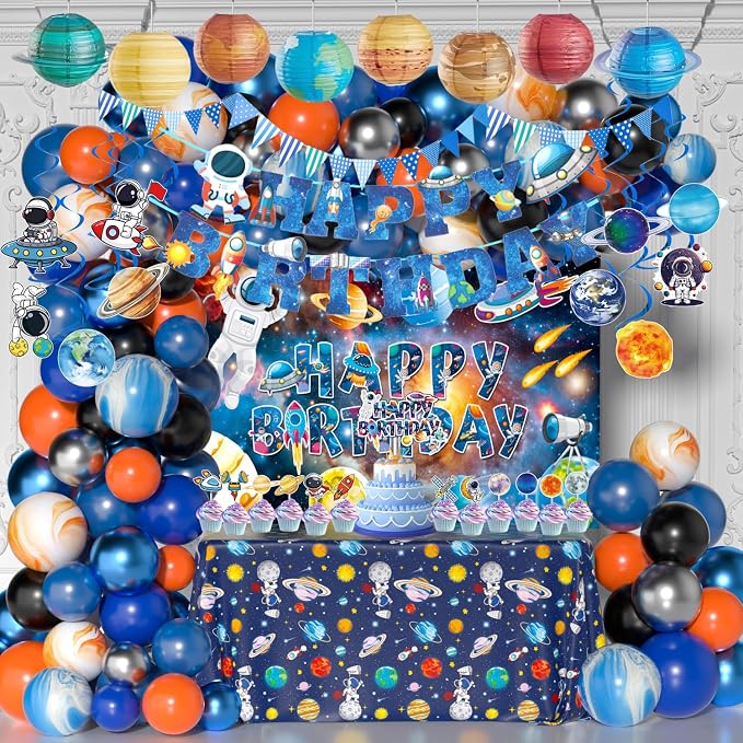 Outer Space Birthday Party Decorations, Space Themed Party Decorations, Space Party Decorations Includes Banner Backdrop Tablecloth Cake Topper Balloon Garland Kit for Space Astronaut Birthday Decor