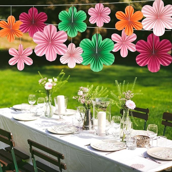 BestoFun 12 PCS Paper Flowers Fans Red Green and Pink Party Decorations Paper Flowers Decorations for Wall Girl Groovy Birthday Baby Shower Wedding Bachelorette Room Hanging Décor