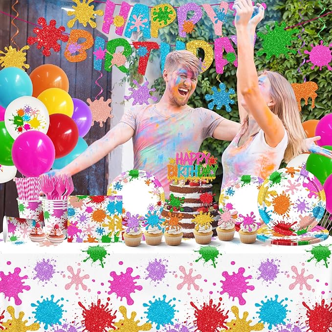 Paint Party Decorations 215Pcs Paint Splatter Party Supplies Art Party Decorations Plates,Napkins,Cups,Balloon,Cake Topper,Tablecloth for Art Painting Party Supplies Birthday Baby Shower Decorations