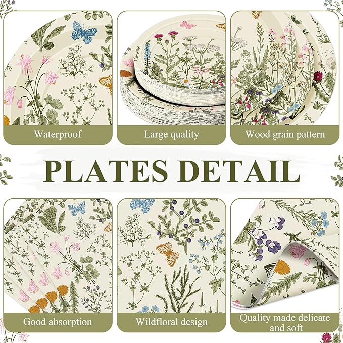 Ziliny 250 Pcs Wildflower Party Decorations Include Spring Summer Floral Paper Plates Napkins and Cups for Wildflower Baby Shower Tea Decorations, Serve 50 Guest(Light Green,Vintage Style)