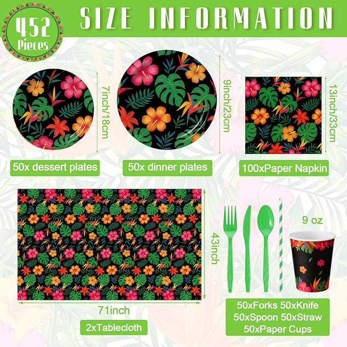 Vesici 452 Pcs Tropical Hawaiian Aloha Party Supplies Set for 50 Guests Luau Disposable Tableware 9'' 7'' Paper Plates Napkins Tablecloths 9oz Cups Cutlery for Summer Beach Pool Birthday Decorations
