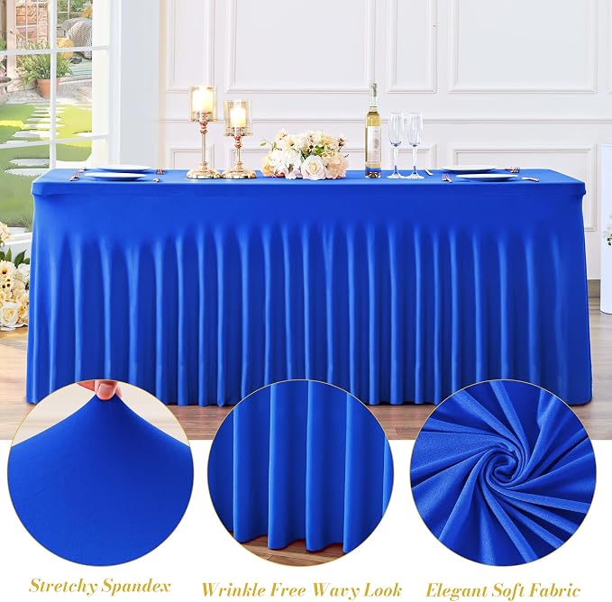 gogoparti 6 Pack Spandex Royal Blue Fitted Table Cloth for 8ft Rectangle Tables Blue Tablecloth Stretch Table Covers Banquet Wrinkle Free Tablecloths Skirt for Parties Wedding