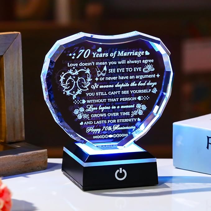 Arikyrist 70th Wedding Anniversary Crystal Heart Gifts for Couple, Laser Engraved 70 Year Anniversary Crystal Gifts for Wife Husband Parents, Romantic 70 Years of Marriage Gift for Him Her Friends