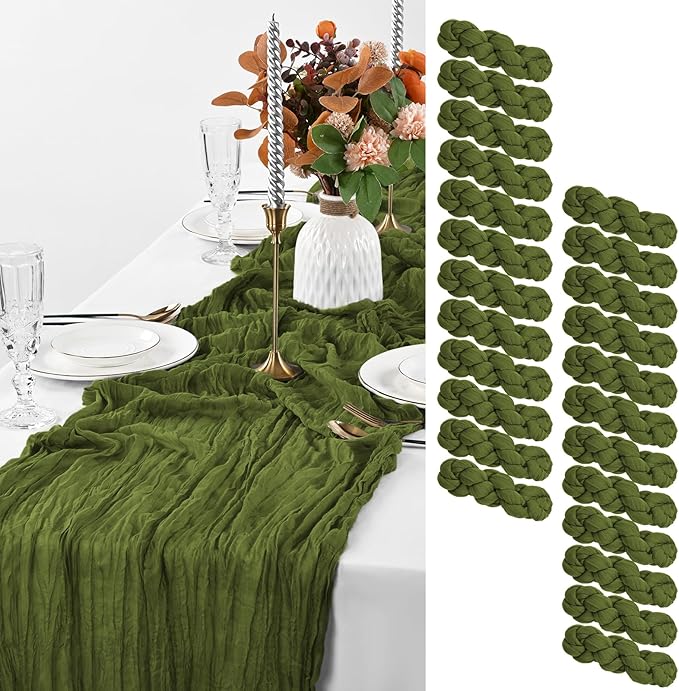 24 Pack Olive Green Cheesecloth Table Runner, 10FT Cheesecloth Rustic Boho Table Runner Long Romantic Semi Sheer Table Runner for Wedding Baby Shower Birthday Bridal Party Decorations(21.5×120 Inch)