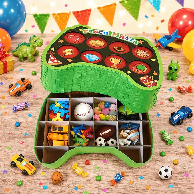 WERNNSAI Game Punch Piñata - Punch Box Piñata with 4 Replacement Punch Papers & 4 Sets of DIY Stickers, Hanging Unboxing Game Supplies for Video Game Party, Gamer Birthday, School Carnival Decor