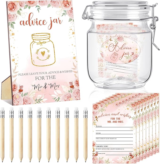 Jetec 74 Pcs Advice and Wishes for the Mr and Mrs 60 Pcs Wedding Advice Cards Advice and Wishes Jar Box Bridal Shower Advice and Wishes Cards for Bride and Groom Bridal Shower Decor(Pink Floral)