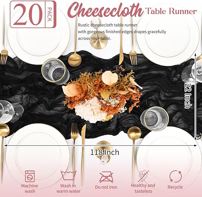 20 Pack Black Table Runner 10FT Long Cheesecloth Table Runner Cheese Cloth Gauze for Wedding Party Birthday Decoration-Black