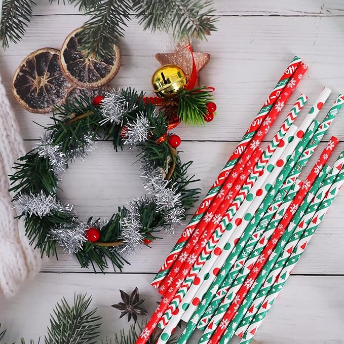 BEISHIDA 100 Pcs Christmas Paper Straws, Biodegradable Christmas Party Straws for Drinking, Thanksgiving, New Year and DIY Decorations