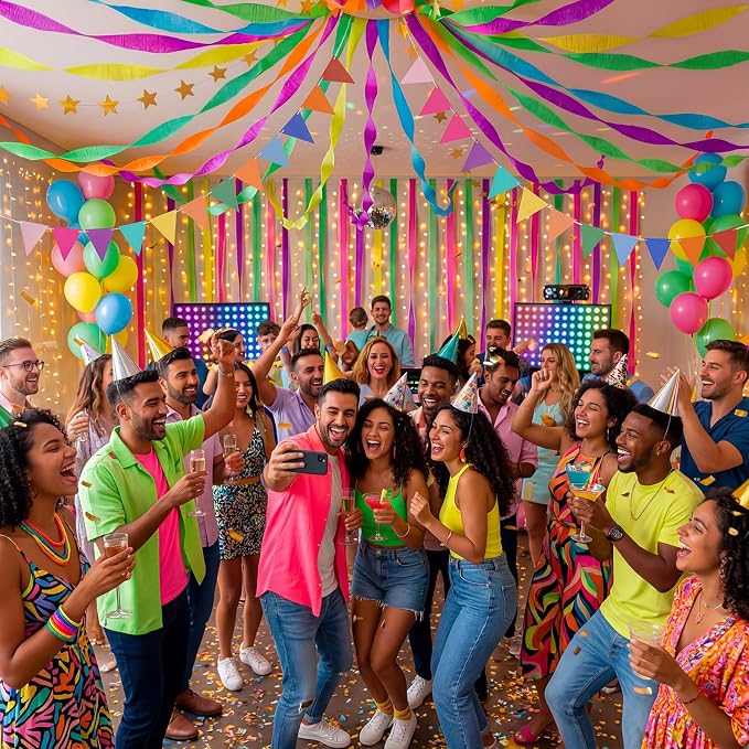 Frienda 14 Pcs Rainbow Party Decorations Set 492 ft Colorful Crepe Paper Streamers, 52.8ft Gold Star Garlands Backdrop and 4 Pennant Banner Flags for Wedding Birthday Fancy Party Hanging Decorations