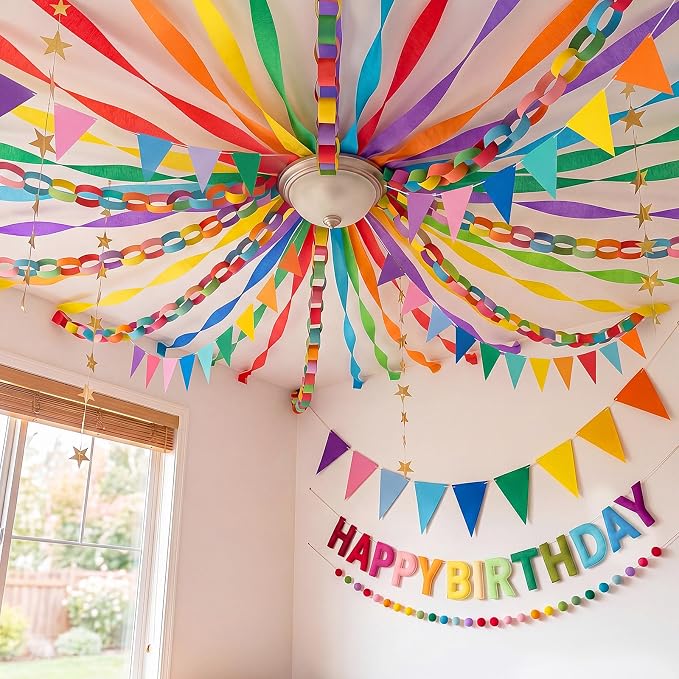 Mifoci 313 Pcs Happy Birthday Decorations Kit 300 Sheets Paper Chains Strips Birthday Felt Banner 492 ft Crepe Paper Streamers 52.4ft Star Garlands for Party Supplies DIY Crafts(Dopamine Colors)