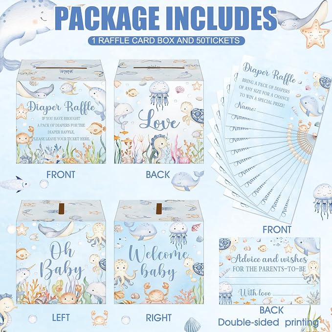 Teling 51 Pieces Diaper Raffle Tickets with Card Box Baby Shower Decorations Baby Shower Holder Box for Girl Boy Diaper Raffle Party(Ocean Animals)