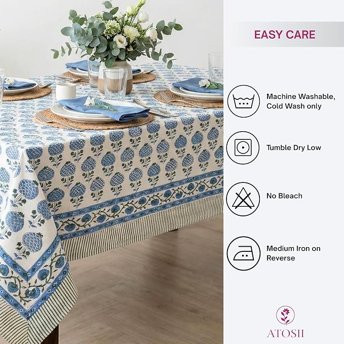 ATOSII Roma Blue 100% Cotton Rectangle Fall Tablecloth, Handblock Floral Print Linen Table Cloth for Kitchen Dining I Parties Outdoors Weddings Holidays I 72 X 140 Inches I 12 Seater