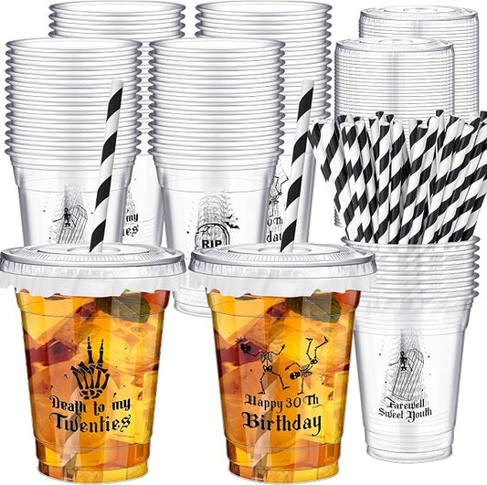 FoldTier 50 Pcs Death to My 20s Party Cups, Disposable Plastic Cups with Straws and Lids Clear mug Birthday Party Supplies for Kids Birthday Table Decorations