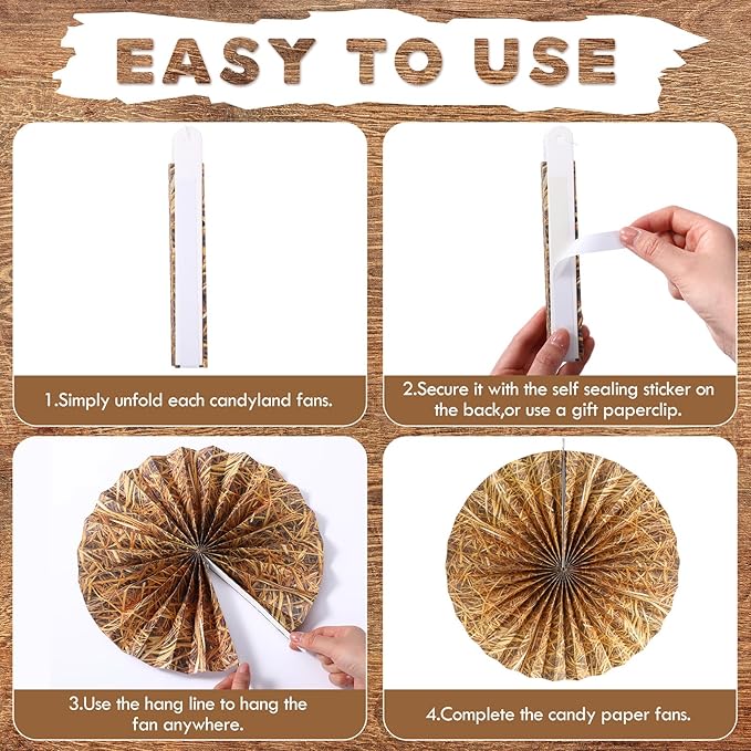 Outus 9 Pcs Western Cowboy Party Decorations Paper Fans Wagon Wheels Straw Hay Bales Hanging Ceiling Wall Decor for Country Western Themed Rodeo Farm Birthday Party Supplies (Straw)