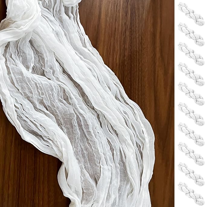 Herda 10 Pack 120inch White Cheesecloth Table Runners - 10Ft Long Cotton Gauze Table Runner Set for Weddings Bridal Parties and Baby Showers Decoration-Elegant Brilliant White Table Cloth