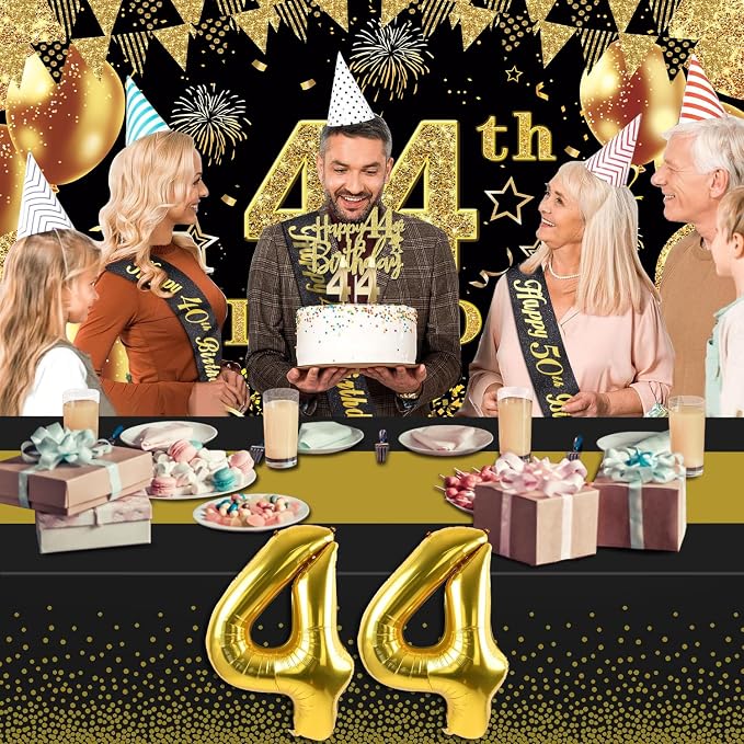 44th Birthday Decorations Men Women with 44th Birthday Banner, Black and Gold Table Cloth, Number Balloons, Large Sash, Cake Topper and Candles